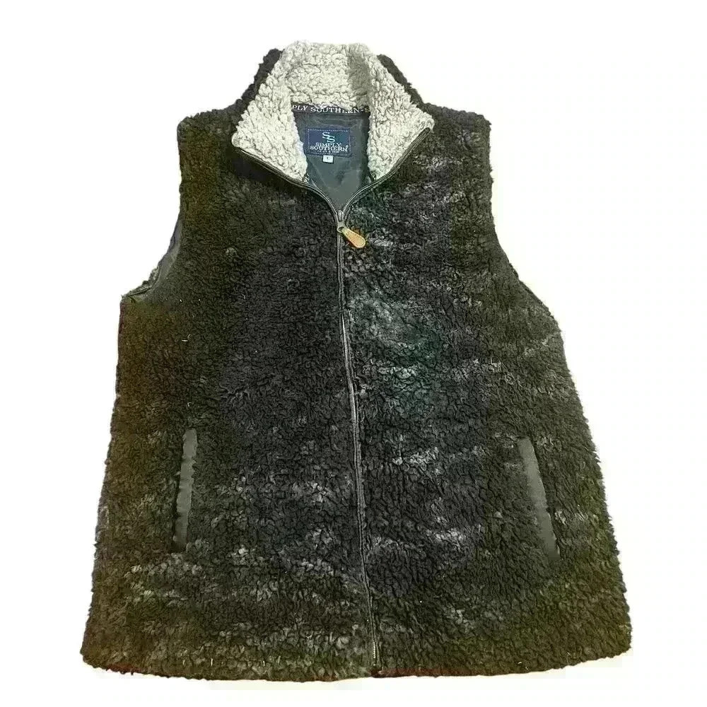 Simply Southern Black Full Zip Sherpa Fleece Vest Women’s Size Large Outdoor